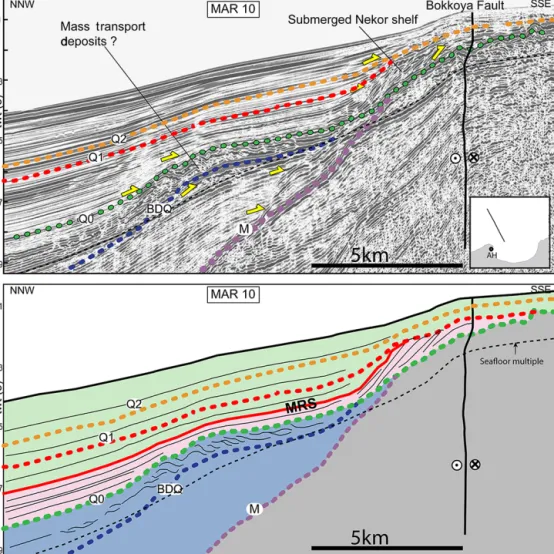 Figure 12. SPARKER seismic line showing the transgression of marine sediment (in green) over the prograding shelf of the Nekor Basin (in pink)