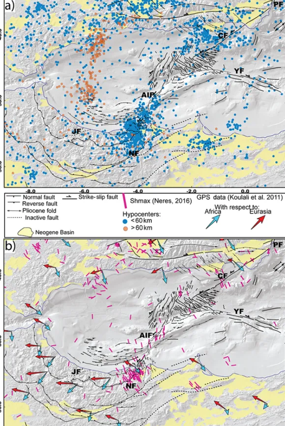 Figure 2. Maps showing the distribution of the seismicity along the Neogene tectonic structures in the Alboran Sea