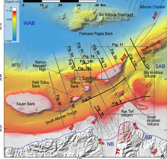 Figure 3. Bathymetry of the studied area showing the main morpho-structural features of the studied area