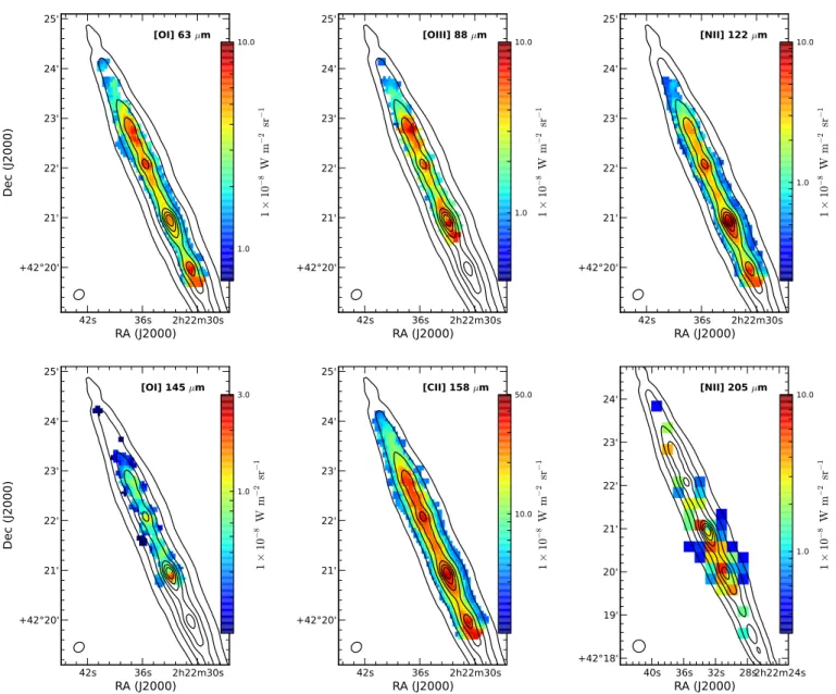 Fig. 4. Herschel PACS and SPIRE spectroscopic maps of the most important FIR cooling lines in NGC 891: [O  ] λ 63 µm (upper left), and [O  ] λ 88 µm (upper middle), [N  ] λ 122 µm (upper right), [O  ] λ 145 µm (lower left), [C  ] λ 158 µm (lower m