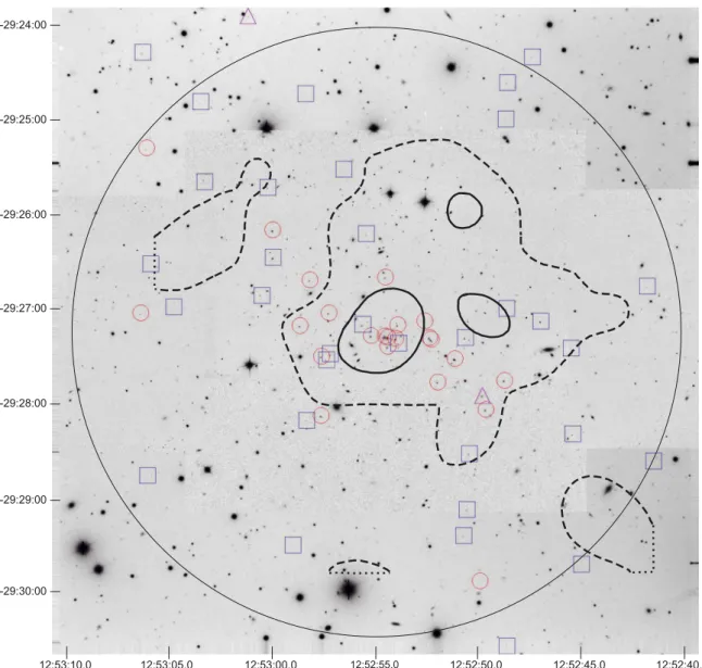 Fig. 2. Distribution of 58 confirmed members of the galaxy cluster J1252.9 shown on a VLT FORS2 I-band + ISAAC K-band mosaic image.