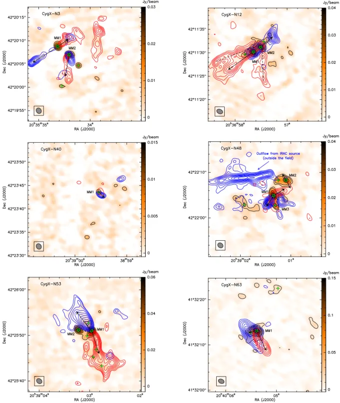 Fig. 2. PdBI 1.2 mm continuum emission in colour scale, overplotted with the blue and red contours from the CO emission of N3 (top-left), N12 (top-right), N40 (middle-left), N48 (middle-right), N53 (bottom-left), N63 (bottom-right)