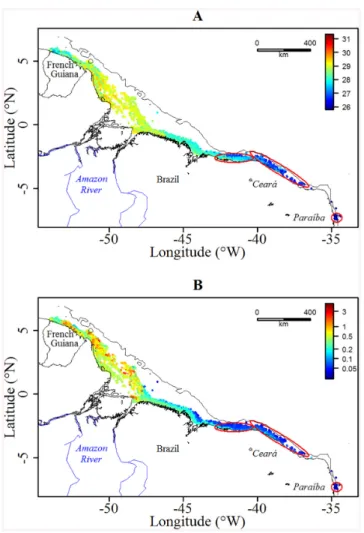 Fig 2. Distributions of (A) SST (°C) and (B) K d (m -1 ) along the 19 turtles ’ tracks