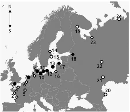 Figure 1 Sampling locations analyzed by the authors (rhombi) and literature data on the distribution of invasive Eurytemora carolleeae in Europe (circles)