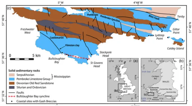 Fig. 3. (Colour online) Simplified geological map of southern Pembrokeshire. (Sources: Thomas, 1971; British Geological Survey, 1977; Walsh et al