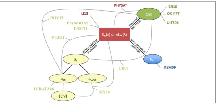 FIGURE 2 | Schematic of satellite product inputs utilized in each PFT algorithm. The red box indicates the R rs (λ) measured by a satellite radiometer