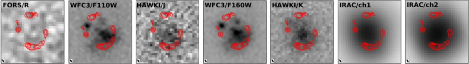 Fig. 1. Left to right: Three arcsecond wide postage stamps of the Ruby in the R, F110W, J, F160W, K, 3.6-µm, and 4.5-µm bands.