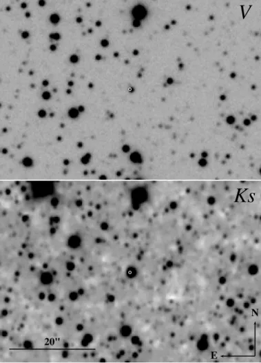 Fig. 2. NTT 60  × 40  finding charts (upper: 530 s V image on MJD 52 324; lower: 3240 s K S image on MJD 52 305) with the 0.3   ra-dio positional uncertainty (Corbel et al