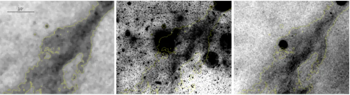 Fig. 12. Region around coordinates RA = 12:36:07.201, Dec = +14:16:39.98 is shown as seen in the 20 arcsec pixels FUV diffuse light map (left), in the NGVS (Ferrarese et al