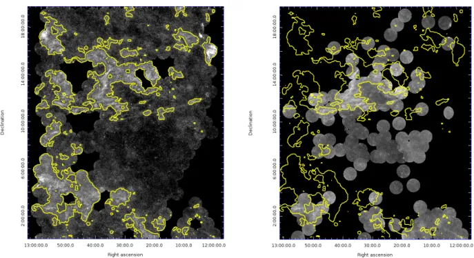 Fig. 3. Left: mosaic showing the diffuse FUV emission obtained from AIS data (1 arcmin pixels, median smoothed on 3 × 3 pixels)