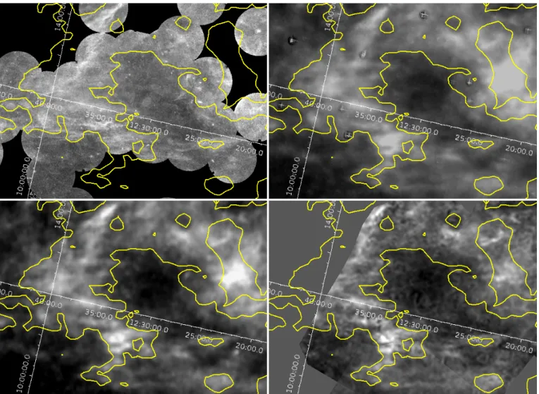 Fig. 6. Comparison of several cirrus indicators in a zoomed region with deep FUV data (top left)