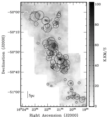 Figure 9. Grey-scale of the integrated 13 CO emission (as Fig. 4) from the GMC only, overlaid with the 61 CLUMPFIND gas clump fits, with symbol size proportional to the mass calculated from the fit (Section 4.1)