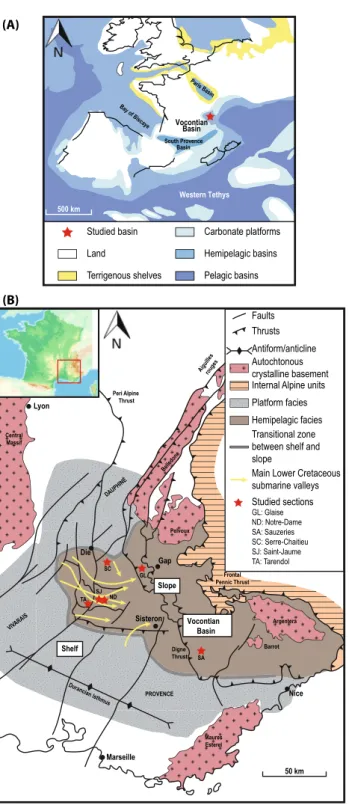 FIGURE 1  (A) Aptian palaeogeographical map of the western  Tethys (in Stein et al., 2012, modified from Masse et al., 2000); (B)  Map of the geological context of the Vocontian Basin during Aptian  times