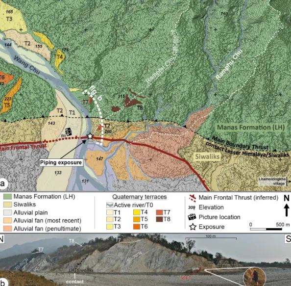 Figure 2. Geomorphological map of the study area. (a) Geomorphological map of the Main Frontal Thrust, in the Piping area, superimposed on 2 m resolution Pleiades-derived digital elevation model