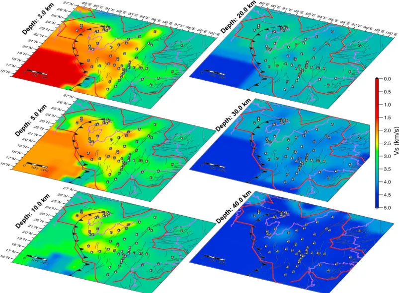 Figure 8. Map view of the shear wave speed of the proposed 3-D model at different depth