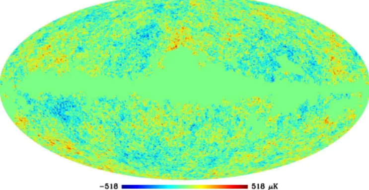 Fig. 1. A simulated noisy CMB map at 15 arcmin resolution obtained from LGMCA and masked with the WMAP kq85 mask