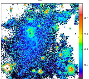 Fig. 3. Spatial distribution of the dust extinction, A V . The dust is het- het-erogeneously distributed in the system, but its distribution peaks where star formation is the most recent, see Fig