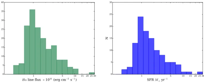 Fig. 5. Left: histogram of Hα line fluxes for the 174 robust cluster members (after correcting for the strongest component of the [N  ] doublet).