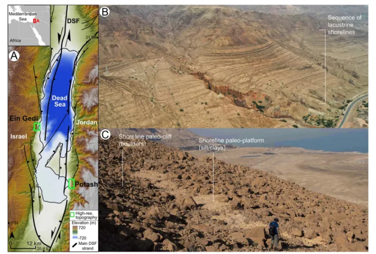 FIGURE 8 | Fossil lacustrine shorelines of the Dead Sea. (A) Tectonic setting of the Dead Sea showing main strands of the Dead Sea Fault (DSF)