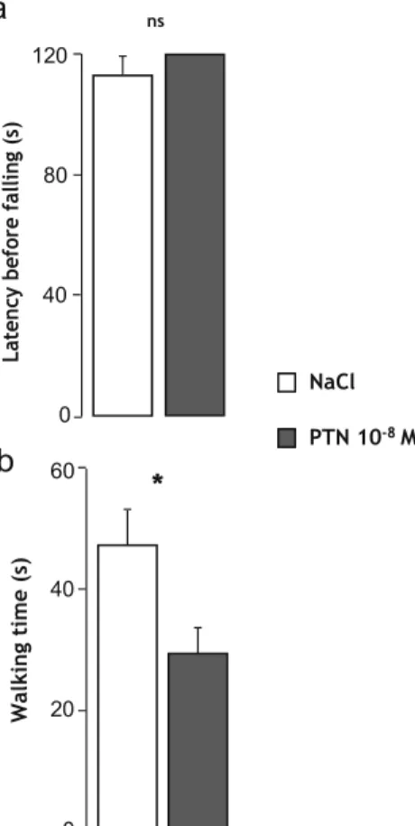 Fig. 7 Effect of early postnatal subarachnoidal injections of PTN on  equilibrium of mice at adulthood
