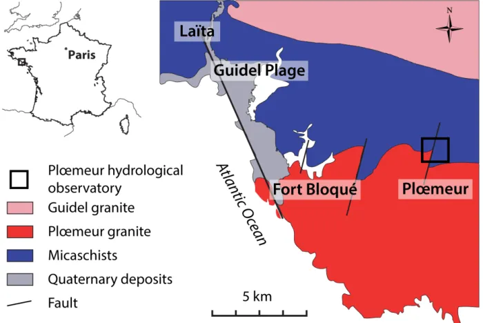 Figure 1: Geological context of the Plœmeur hydrological observatory and location of the experimentation (modified from Ruelleu et al