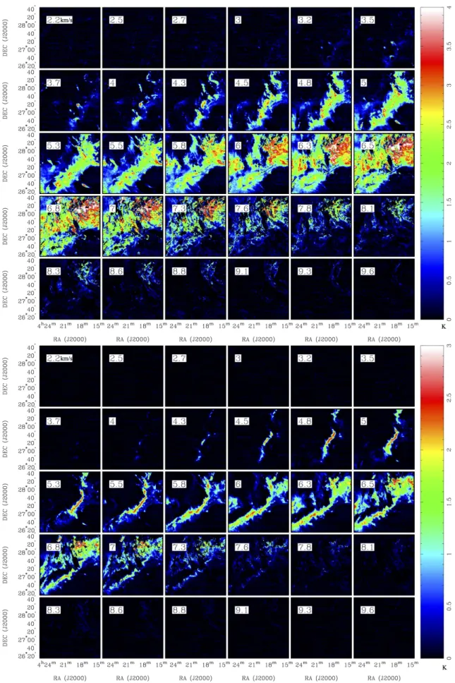 Fig. A.2. 12 CO (J = 1–0, top panel) and 13 CO (J = 1–0, bottom panel) velocity channel maps after subtracting the components that are not associated with the B211/B213 filament