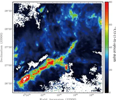 Fig. 2. Map of 12 CO (1–0) optical depth derived from the Goldsmith et al. (2008) 12 CO (1–0) and 13 CO (1–0) data.