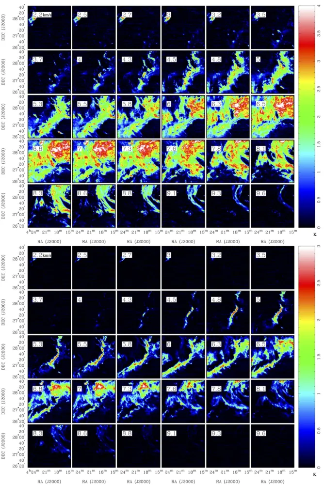 Fig. 3. Velocity channel maps in the 12 CO (J = 1–0, top panel) and 13 CO (J = 1–0, bottom panel) emission lines in units of K obtained from the Goldsmith et al