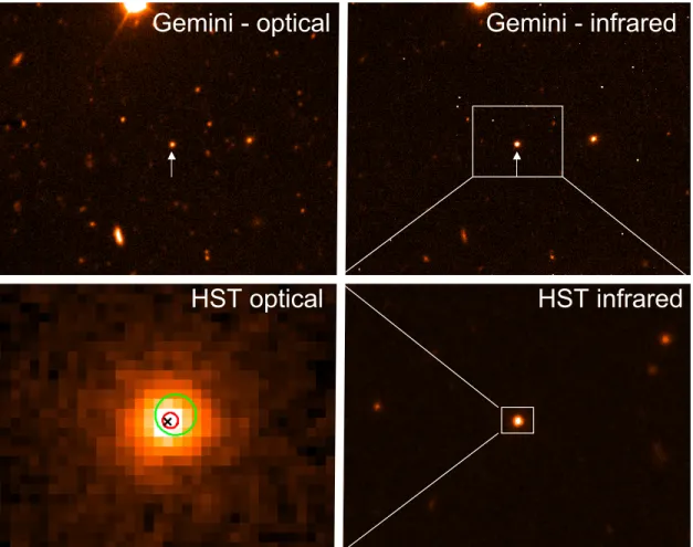 Figure 3: Discovery images of Sw 1644+57 and its host galaxy. The top panels show our ground based imaging in the optical r-band (top left), and infrared K-band (top right)