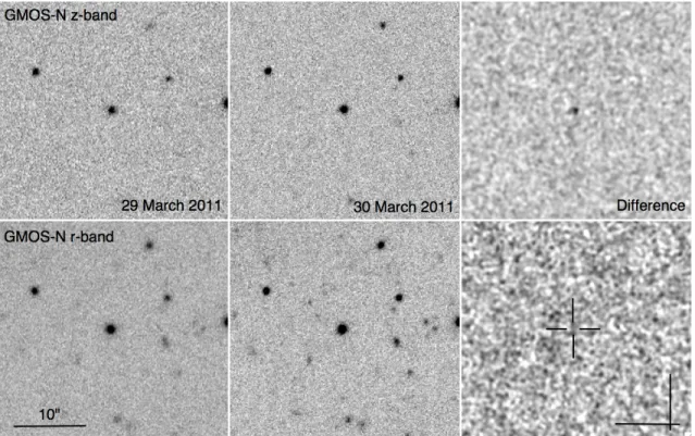 Figure 6: Our Gemini/GMOS imaging of Sw 1644+57. The top panels show of z-band imaging obtained on 29 and 30 March 2011, and the result of a PSF matched image subtraction
