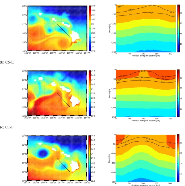 Fig. 10. Left : surface temperature maps with position of the transects (black straight line) crossing the center of a cyclonic eddy on April 13 for Run-E (middle) and on March 28 for both Run-D (top) and Run-F (bottom)