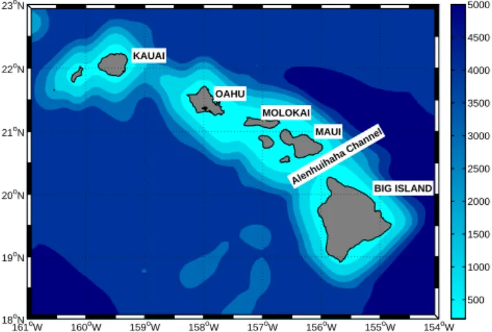Fig. 1. Model domain and bathymetry [m]. Names of the islands and coastline at higher resolution are reported for geographical  in-formation.