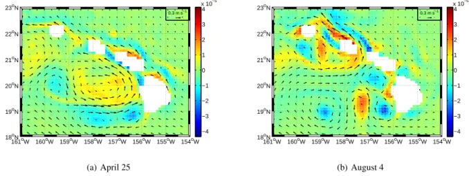 Fig. 7. Relative vorticity field and velocity vectors at 10-m depth on April 25 (left) and August 4 (right) for Run-D.