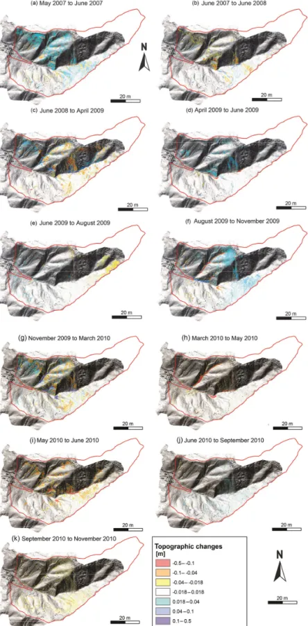 Figure 2. Observed height differences for the period 2007–2010 highlighting the soil surface changes of La Roubine catchment
