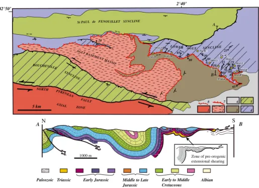 Figure 2. Schematic map and cross section of the Agly basement massif and its surroundings