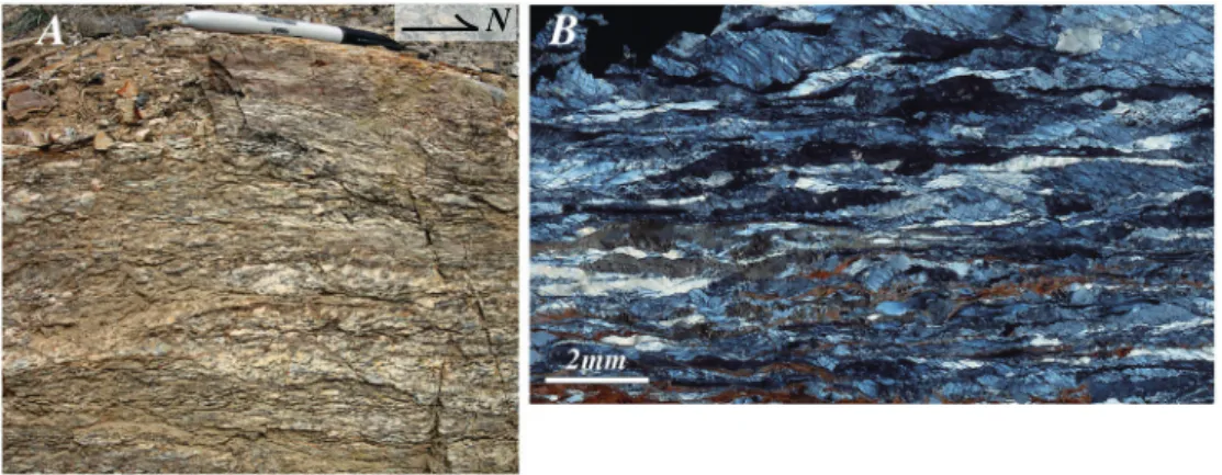 Figure 3. Low-temperature mylonitization of a variscan granite in an extensional shear zone