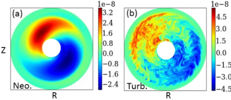 Figure 11. Instantaneous poloidal cross-sections of tungsten density fluctuations δN W = N W − hN W i F S (with h...i F S the flux-surface average) for the 2 reduced simulations in the case of a deuterium-tungsten plasma.