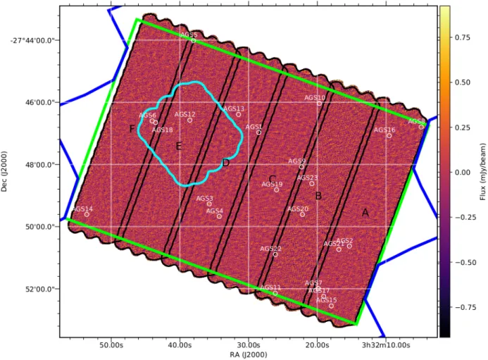 Fig. 1. ALMA 1.1 mm image tapered at 0 00 60. The white circles have a diameter of 4 arcseconds and indicate the positions of the galaxies listed in Table 3