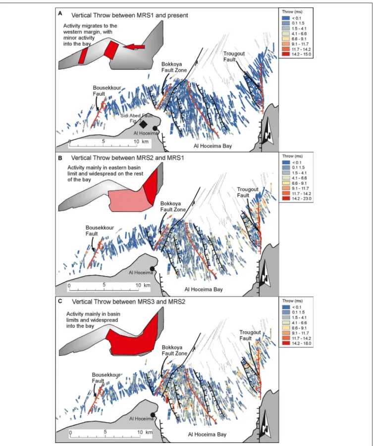 FIGURE 5 | Throw maps in milliseconds (ms), including the traces of faults from Lafosse et al