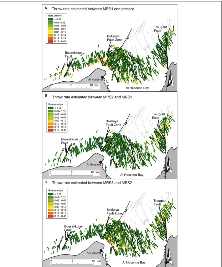 FIGURE 8 | Throw rate maps, including the traces of faults from Lafosse et al. (2016, 2018), with the main faults traces highlighted