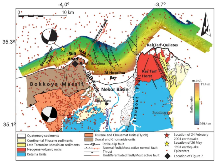 FIGURE 2 | Geological map of Nekor Basin and swath-bathymetry of the Al Hoceima margin from Marlboro-2 Survey (modified from d’Acremont et al., 2014;