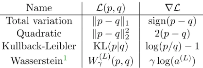 Table 1: Examples of similarity criteria and their gradient in p. See Figure 14 for the atoms yielded by our method for these various fitting losses.