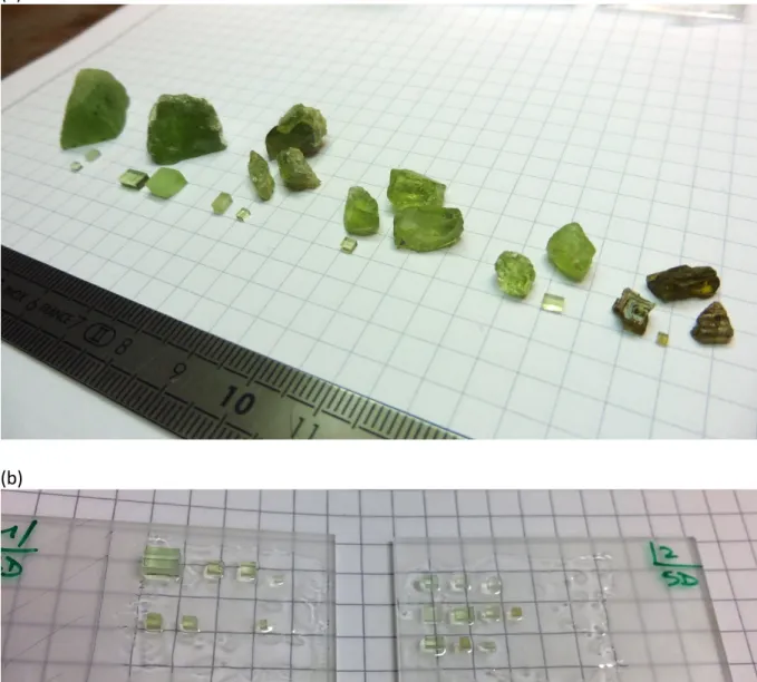Fig. 1S. (a) Photography of olivine specimens during cutting and polishing preparations step,  from left to right, Norway, Sapat, San Carlos#1, #2, #3, La Réunion ; (b) Olivine specimens  glue on glass section prior to X-ray fluorescence mapping and Laser 
