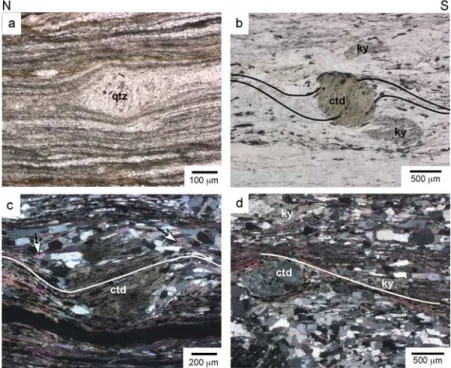 Figure 6. Microphotographs of deformation structures at base and top of Ameplos/Dilek nappe.