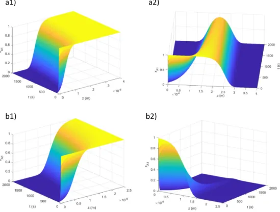 Figure 10. Concentration profile of the transparent isomer after the simulated irradiation of one  (a1,b1) and two sides (a2,b2)