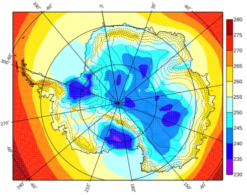 Fig. 1. Winter (JJA, 1980–2004) 2 m potential temperature in K as simulated by RACMO2/ANT.