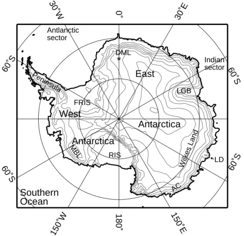 Fig. 2. Map of Antarctica. The star locate Kohnen Station. DML, LGB, LD, AC, RIS, MBL and FRIS denote Dronning Maud Land, Lambert Glacier Bassin, Law Dome, Ad ´elie Coast, Ross Ice Shelf, Marie Byrd Land and Filchner-Ronne Ice Shelf, respectively.