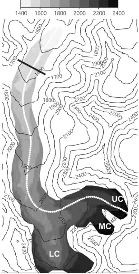 Fig. 1. Surface (contours) and subglacial (gray-shaded) topographic map of McCall Glacier.