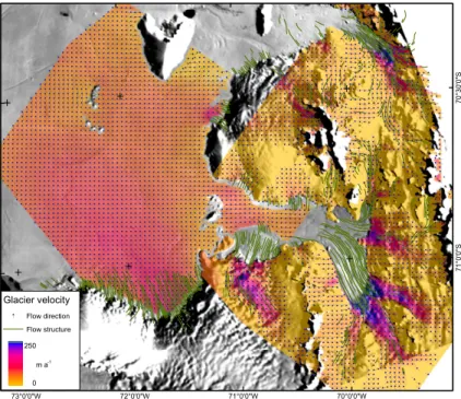Fig. 2. Interferometric velocities superimposed on a MOA image from 2003/04 (© NSIDC).