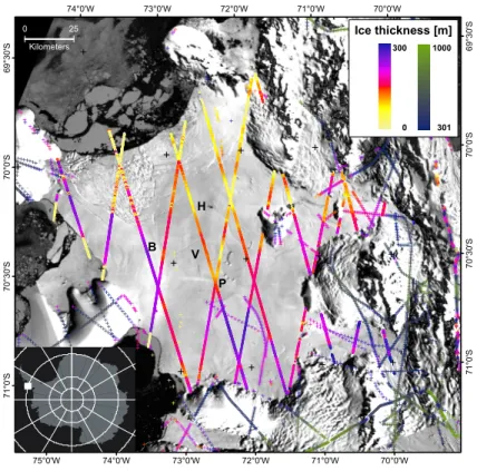 Fig. 3. Ice thickness derived from application of the hydrostatic equilibrium to free board heights from ICESat GLAS surface elevations